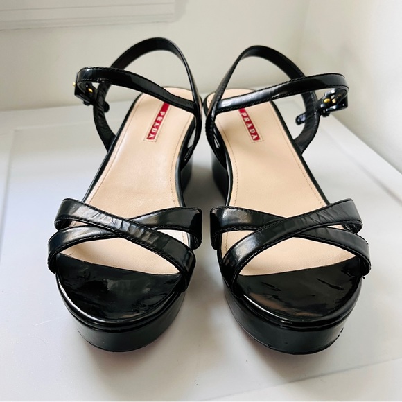 PRADA Linea Rossa Black Patent Platform Strap Slingback Sandals - Picture 3 of 16